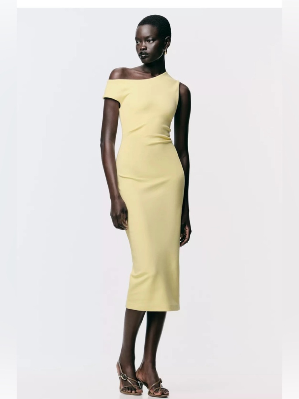 Zara One-Shoulder Pale Yellow Midi Dress